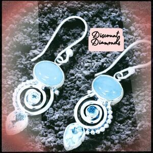 Vintage Natural Blue Topaz & Natural Blue Clalcedony Earrings 925  French Hook